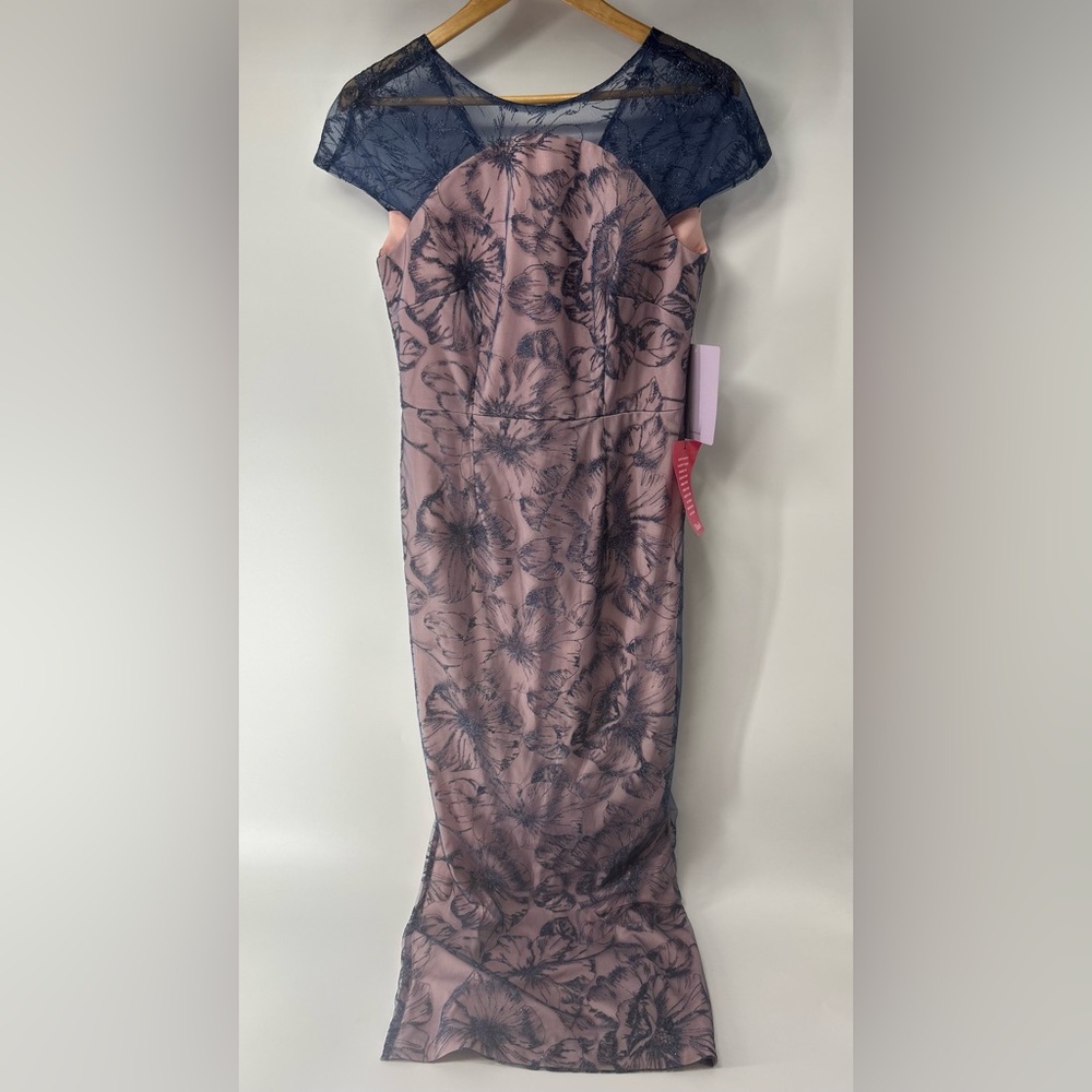 JS Collections Dusty Pink Floral Maxi with Navy Lace Yoke 6 NWT